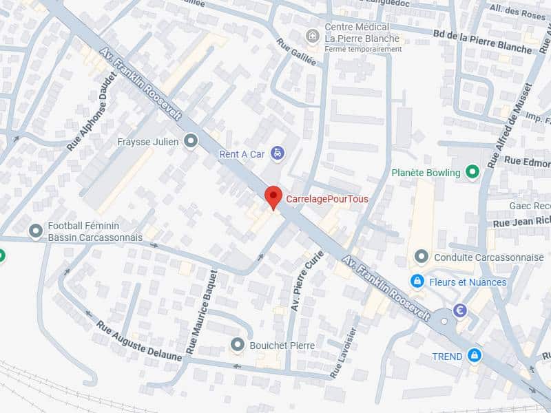 CarrelagePourTous : Carte Avenue Franklin Roosevelt Carcassonne Carte de CarrelagePourTous situé sur l'Avenue Franklin Roosevelt, près de Fraysse Julien, Planète Bowling et de l'arrêt de bus Conduite Carcassonnaise.